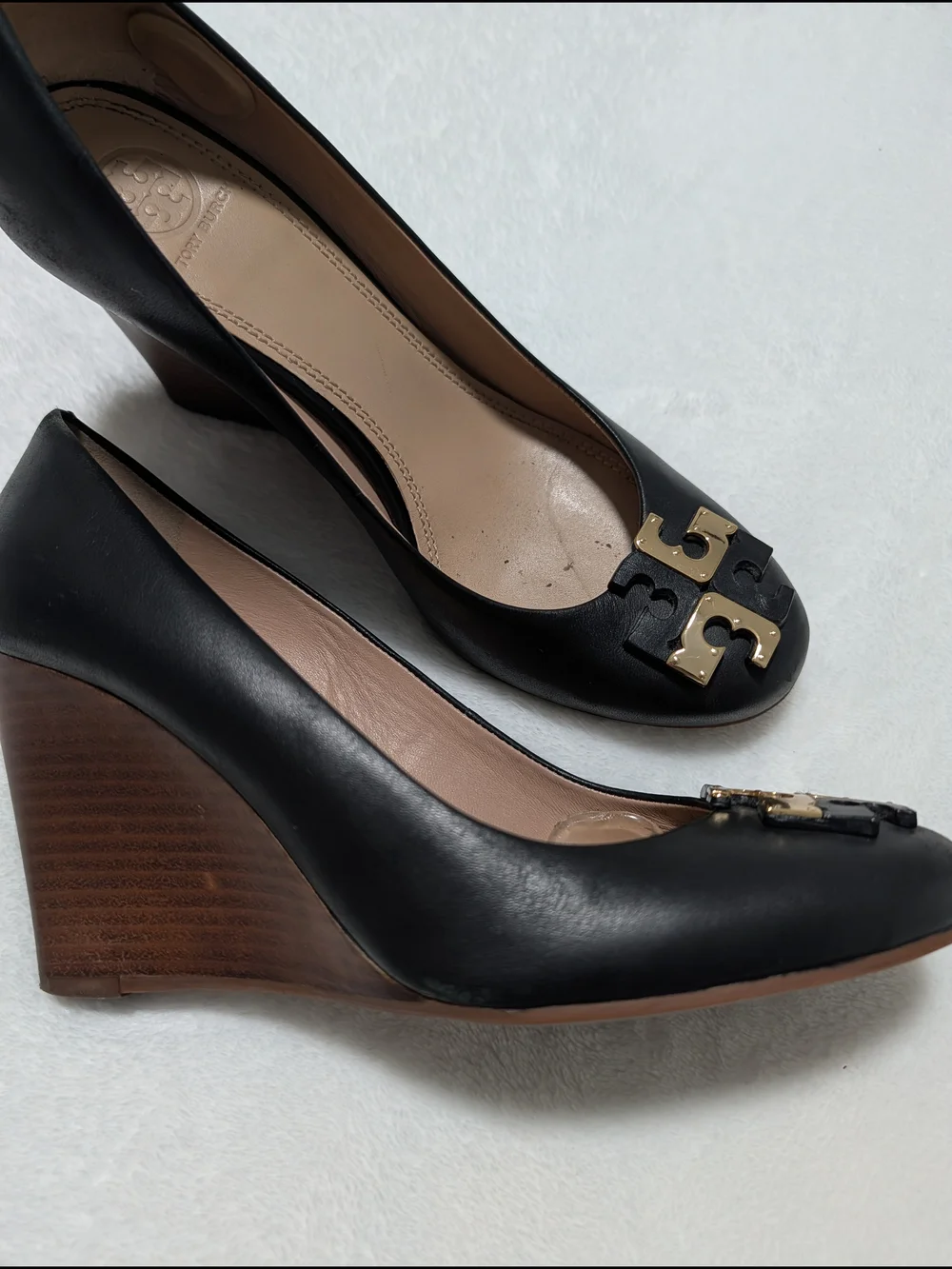 Tory Burch Black Leather Wedge Pumps with Gold Logo